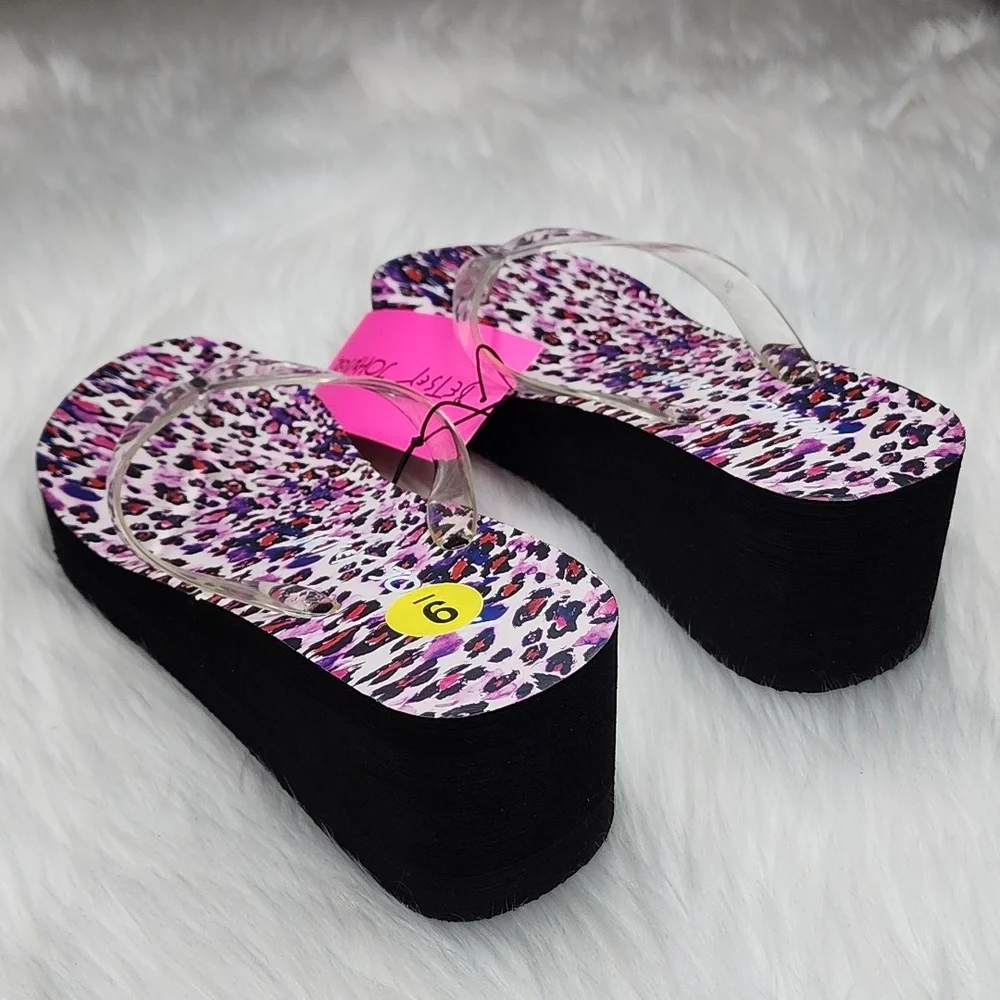 Betsey Johnson Leopard Print Wedge Platform Sandals with Clear Straps